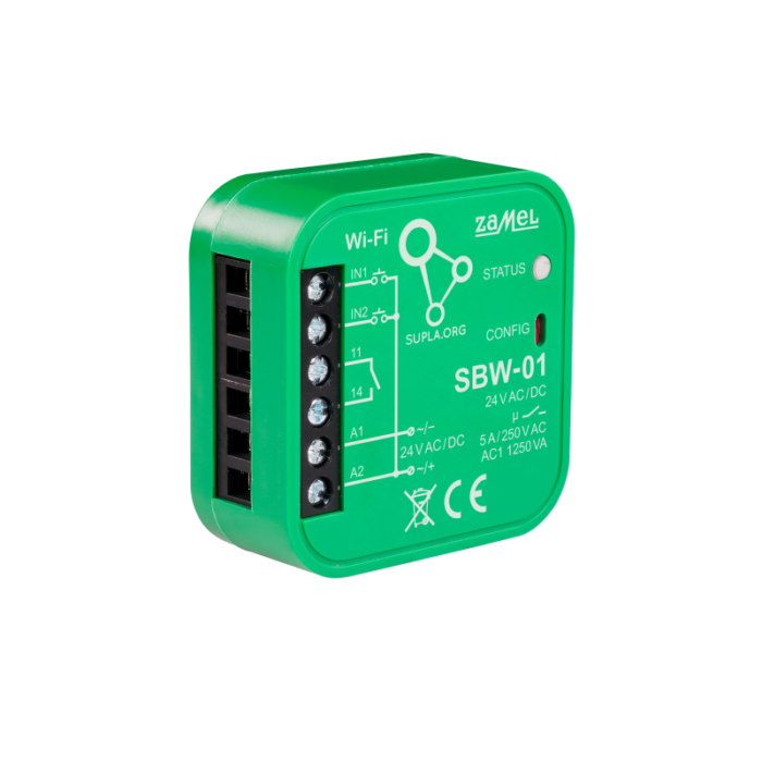 CONTROLER DE POARTĂ WI-FI CU 1 CANAL BIDIRECŢIONAL – ZAMEL SBW-01 Controlerul de poartă permite integrarea cu orice unitate de acționare a porții și permite controlul de la distanță al porții prin intermediul aplicației mobile SUPLA. Dispozitivul este adaptat pentru a fi instalat direct în acționare. Datorită alimentării cu energie de 24 V, este complet sigur. Prin conectarea semnalelor de la întrerupătoarele de limită la intrările controlerului, primim informații despre deschiderea și închiderea porții. CARACTERISTICI controlul fără fir al acționării porților folosind tehnologia wi-fi este posibilă urmărirea stării ușii prin examinarea stării întrerupătoarelor de limită posibilitatea de a controla mecanismul de acționare prin intermediul aplicației mobile SUPLA de oriunde din lume sursă de alimentare de 24V AC/DC
