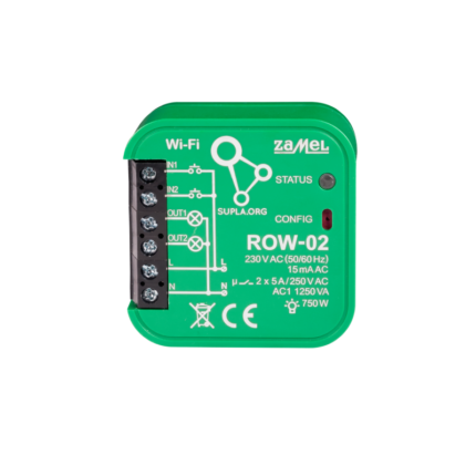 RECEPTOR WI-FI CU 2 CANALE BIDIRECȚIONAL – ZAMEL ROW-02 Controlerul ROW-02 permite controlul iluminatului prin intermediul butoanelor sau al comutatoarelor în mod bistabil. În plus, datorită modulului wi-fi încorporat, este posibilă gestionarea de la distanță a iluminatului cu ajutorul aplicației pentru smartphone. Dispozitivul indică starea iluminatului. Utilizatorul poate controla iluminatul de oriunde din lume. De asemenea, datorită aplicației cloud, este posibilă pornirea sau oprirea automată a iluminatului în funcție de programul salvat în cloud. CARACTERISTICI comunicație radio WiFi de 2,4 GHz compatibilitate cu majoritatea întrerupătoare și butoanelor existente pe piaţă posibilitatea de a controla 2 canale în mod independent controlul a două canale poate fi activat local sau de pe un smartphone ideal pentru instalarea sub un întrerupător cu 2 taste DATE TEHNICE Metodă de instalare: cutie 60 mm Alimentarea cu energie electrică: 230 V AC Număr relee: 2 Sarcină releu: 2 x NO 5A / 250 VAC Comunicaţie: Wi-Fi 2.4GHz 802.11 b/g/n Număr canale de ieșire: 2 Putere canal de ieșire: 5 A / canal DIMENSIUNI Înălțime: 47,5 mm Lățime: 47,5 mm Adâncime: 20 mm Greutate: 0,04 kg